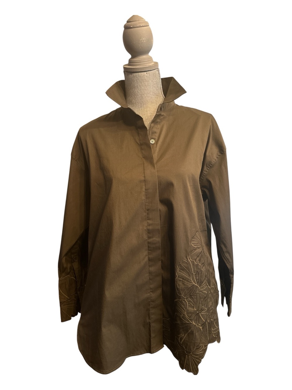 Christian Lacroix Olive Button-Down Shirt with Embroidered Hem